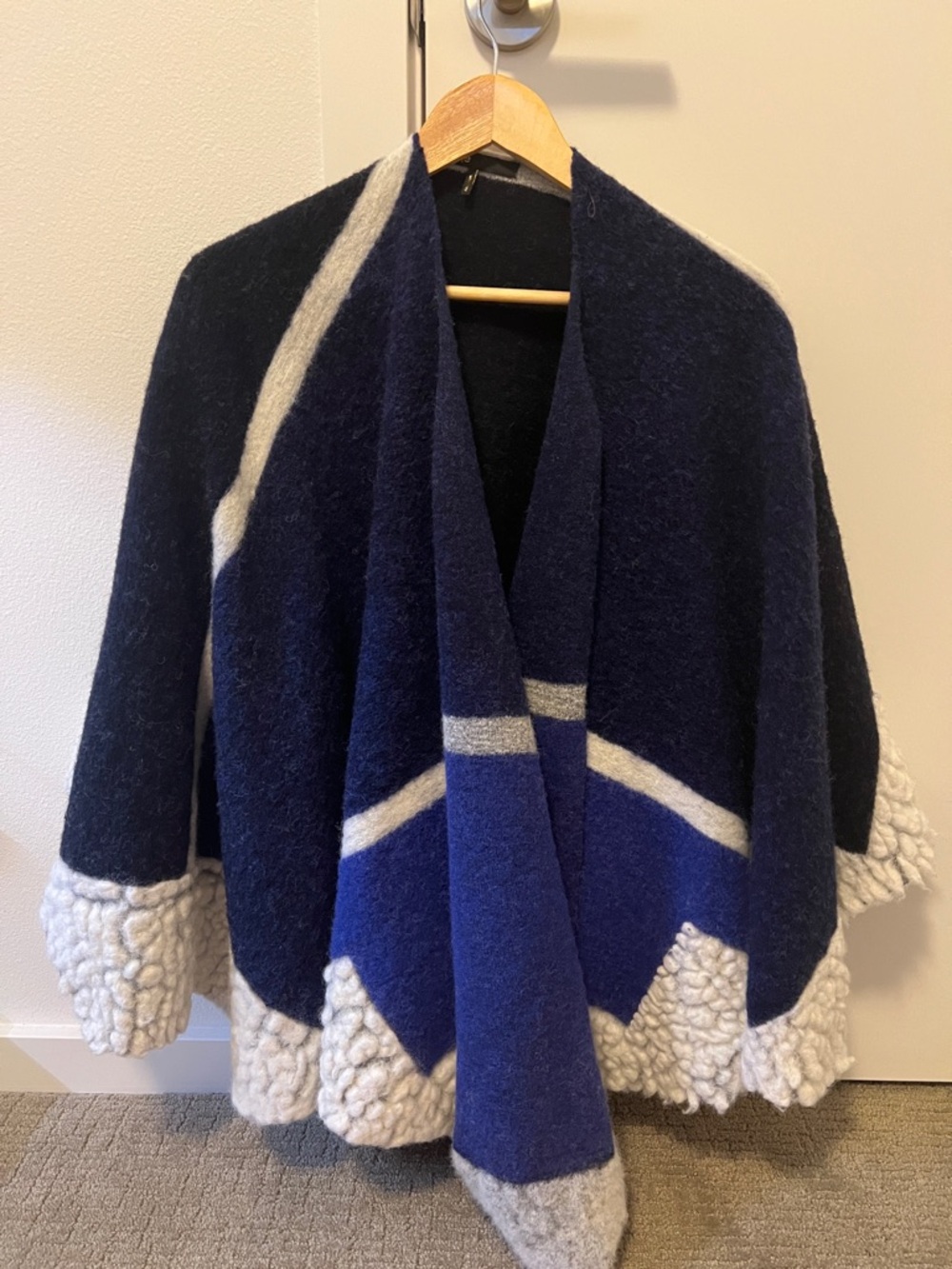 Maje Navy and Royal Blue Wool Blend Cape with Ivory Trim